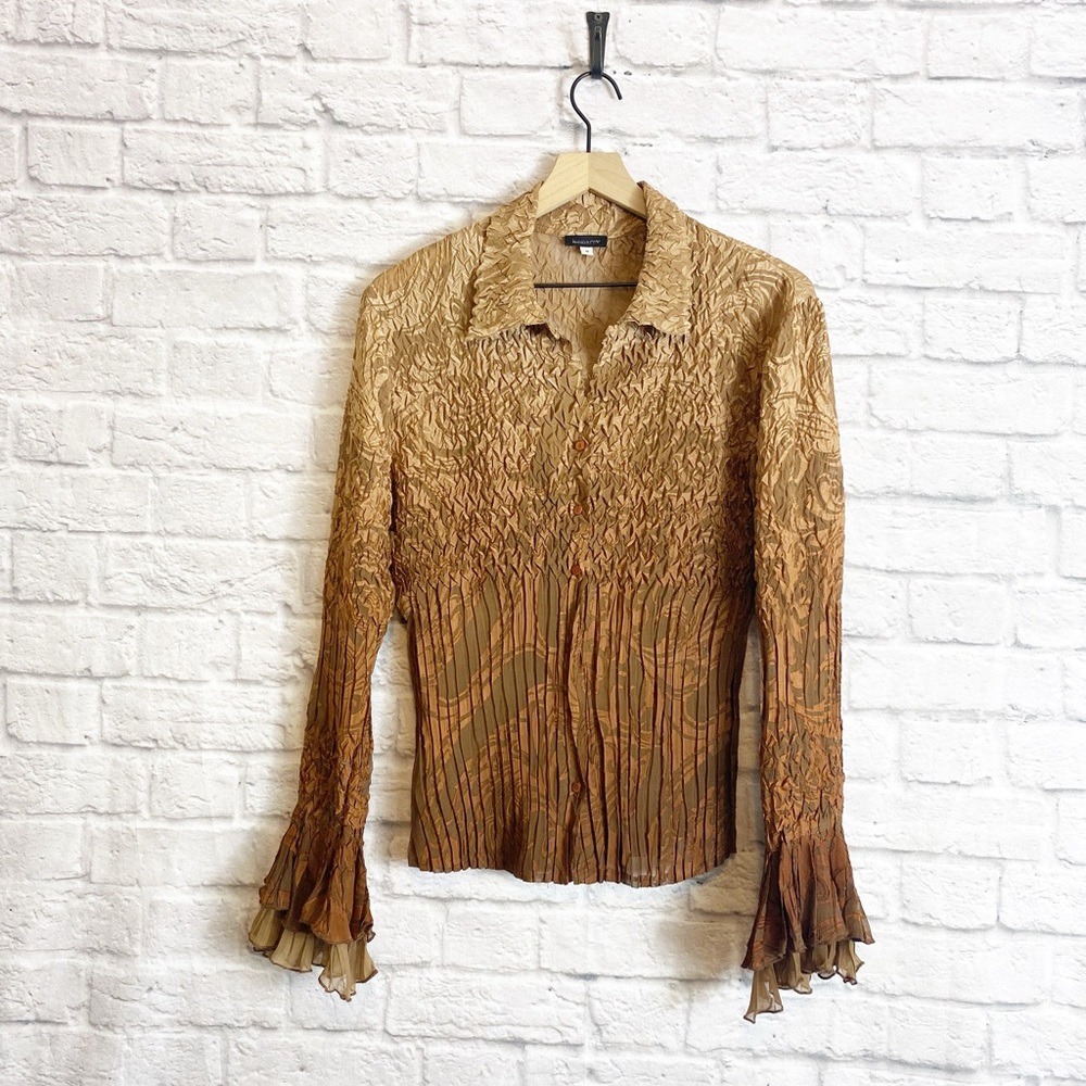 Komarov Brown Crinkle Button Up Blouse